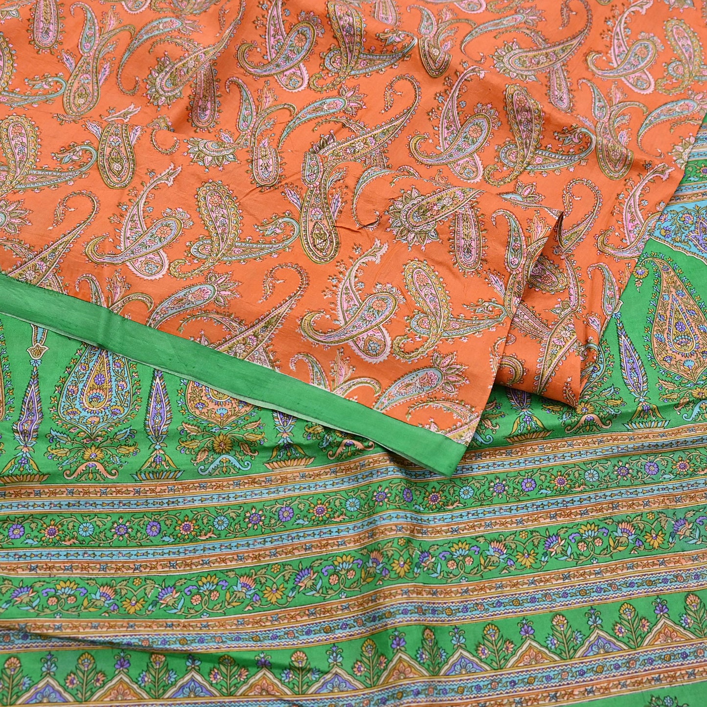 Indian Vintage Sari Orange & Green 100% Pure Silk Printed Saree Craft Fabric 5yd Sewing Dress Making Wrap Paisley Quilting Crafting Upcycle