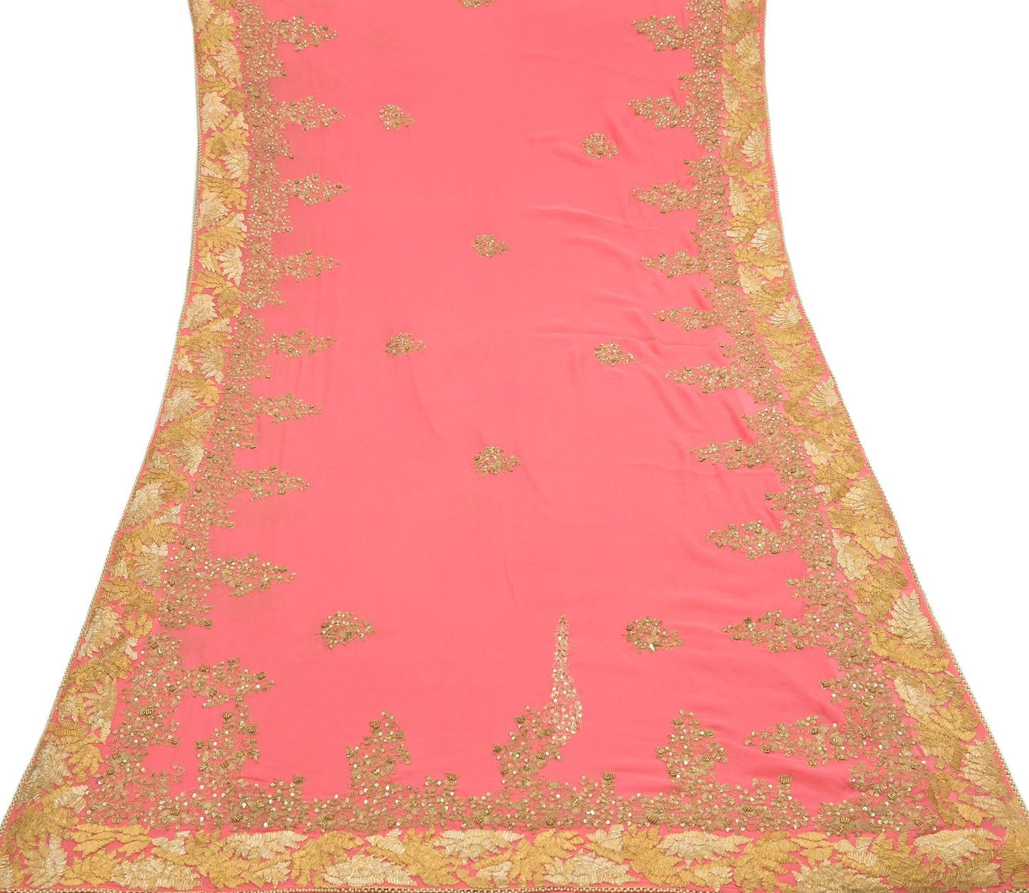 Indian Vintage Peach Saree Pure Chiffon Silk Pre-owned Hand Beaded Abu jani Designer Sari Fabric 5-Yards Soft Ethnic Bollywood Party sarees