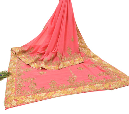 Indian Vintage Peach Saree Pure Chiffon Silk Pre-owned Hand Beaded Abu jani Designer Sari Fabric 5-Yards Soft Ethnic Bollywood Party sarees