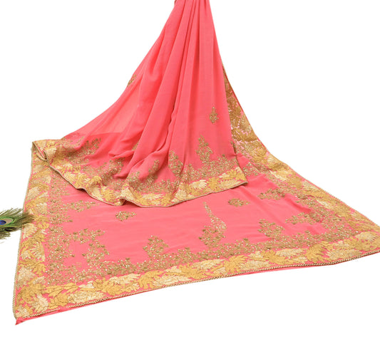 Indian Vintage Peach Saree Pure Chiffon Silk Pre-owned Hand Beaded Abu jani Designer Sari Fabric 5-Yards Soft Ethnic Bollywood Party sarees