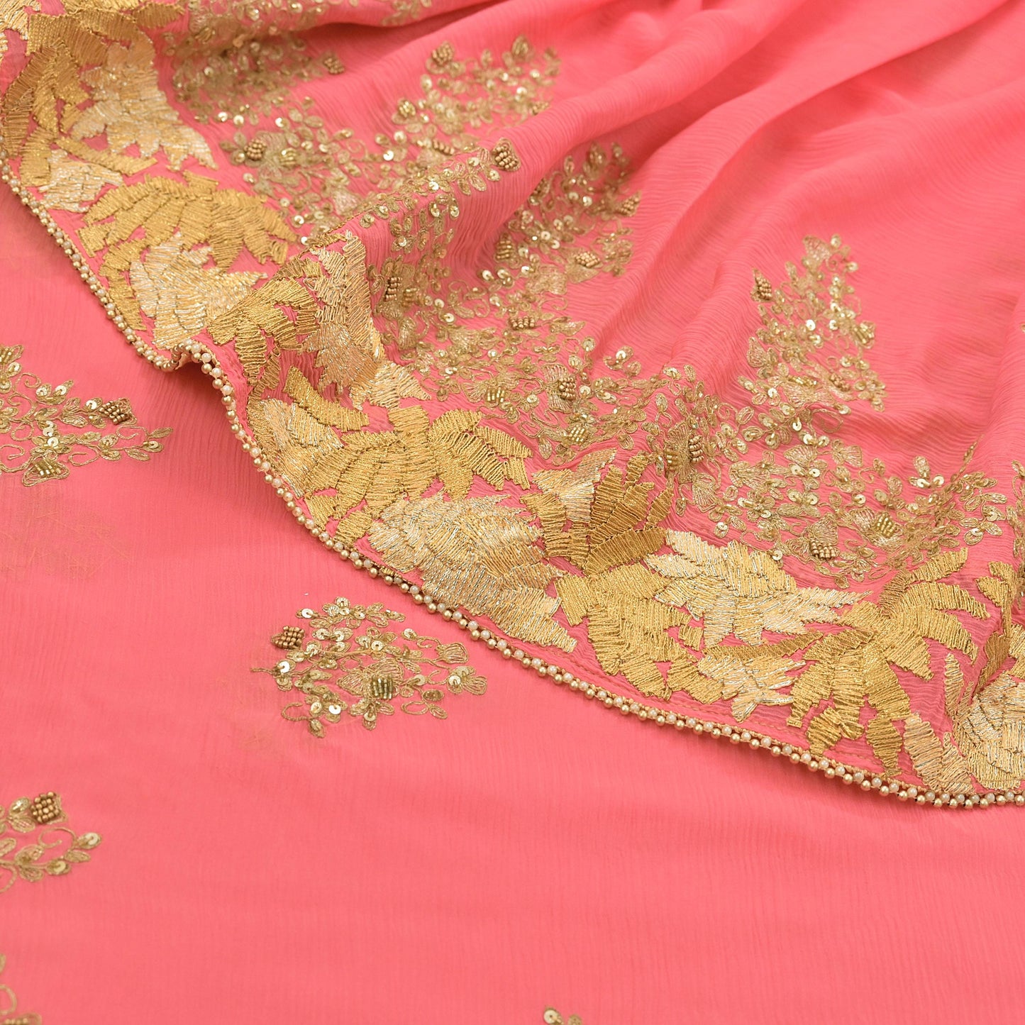 Indian Vintage Peach Saree Pure Chiffon Silk Pre-owned Hand Beaded Abu jani Designer Sari Fabric 5-Yards Soft Ethnic Bollywood Party sarees