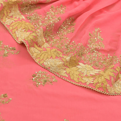 Indian Vintage Peach Saree Pure Chiffon Silk Pre-owned Hand Beaded Abu jani Designer Sari Fabric 5-Yards Soft Ethnic Bollywood Party sarees