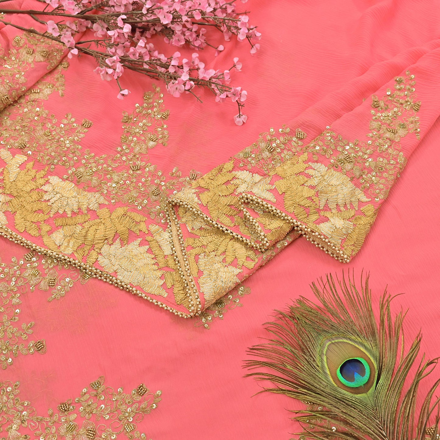 Indian Vintage Peach Saree Pure Chiffon Silk Pre-owned Hand Beaded Abu jani Designer Sari Fabric 5-Yards Soft Ethnic Bollywood Party sarees