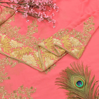 Indian Vintage Peach Saree Pure Chiffon Silk Pre-owned Hand Beaded Abu jani Designer Sari Fabric 5-Yards Soft Ethnic Bollywood Party sarees