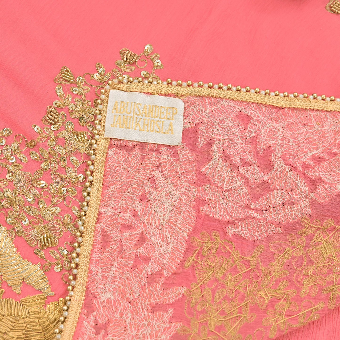 Indian Vintage Peach Saree Pure Chiffon Silk Pre-owned Hand Beaded Abu jani Designer Sari Fabric 5-Yards Soft Ethnic Bollywood Party sarees