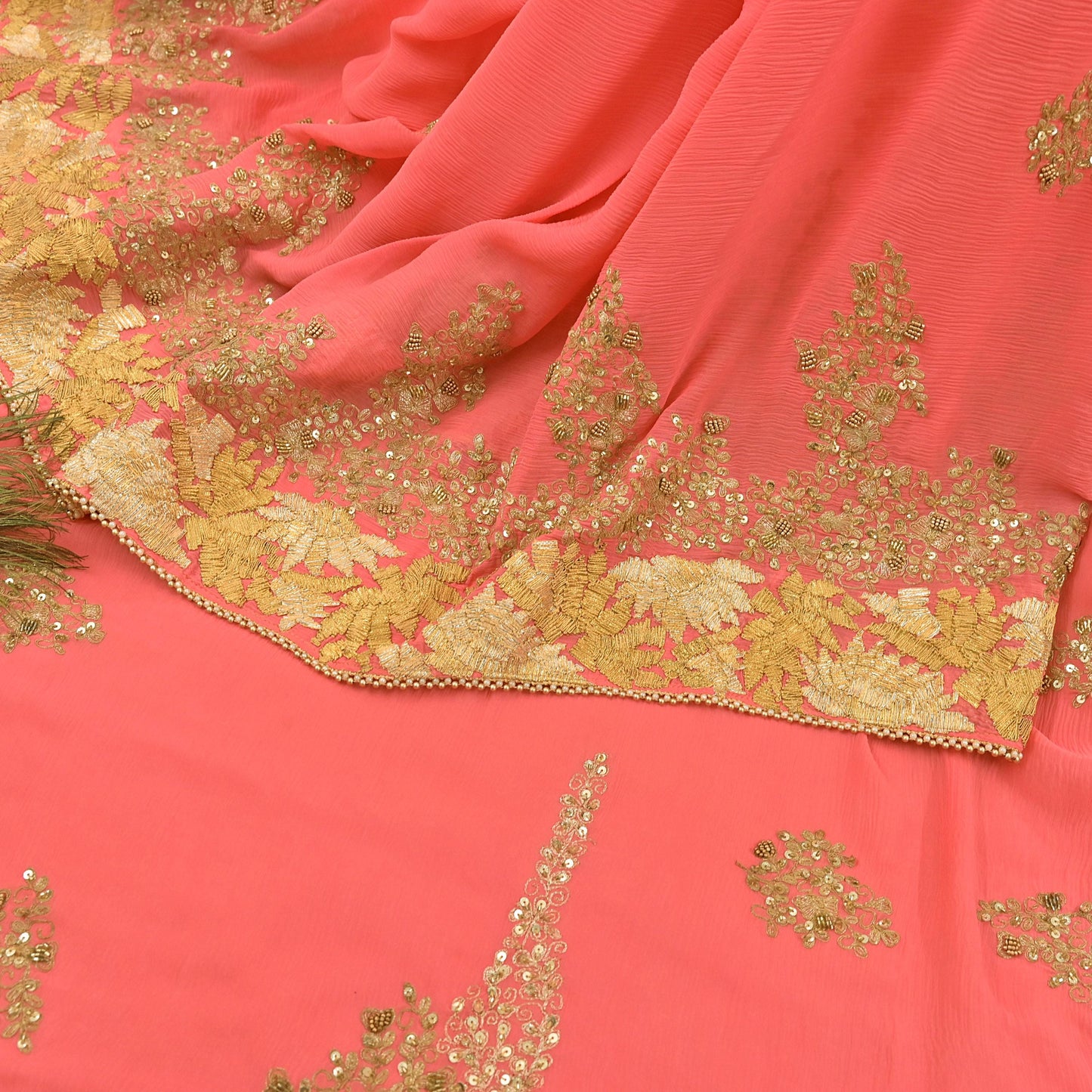 Indian Vintage Peach Saree Pure Chiffon Silk Pre-owned Hand Beaded Abu jani Designer Sari Fabric 5-Yards Soft Ethnic Bollywood Party sarees