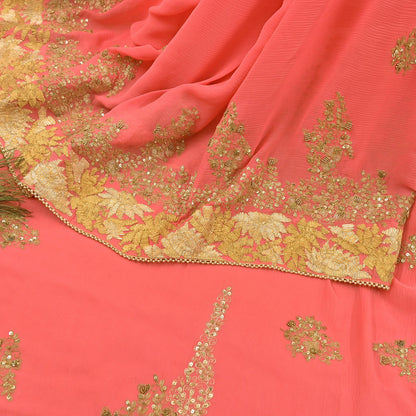 Indian Vintage Peach Saree Pure Chiffon Silk Pre-owned Hand Beaded Abu jani Designer Sari Fabric 5-Yards Soft Ethnic Bollywood Party sarees