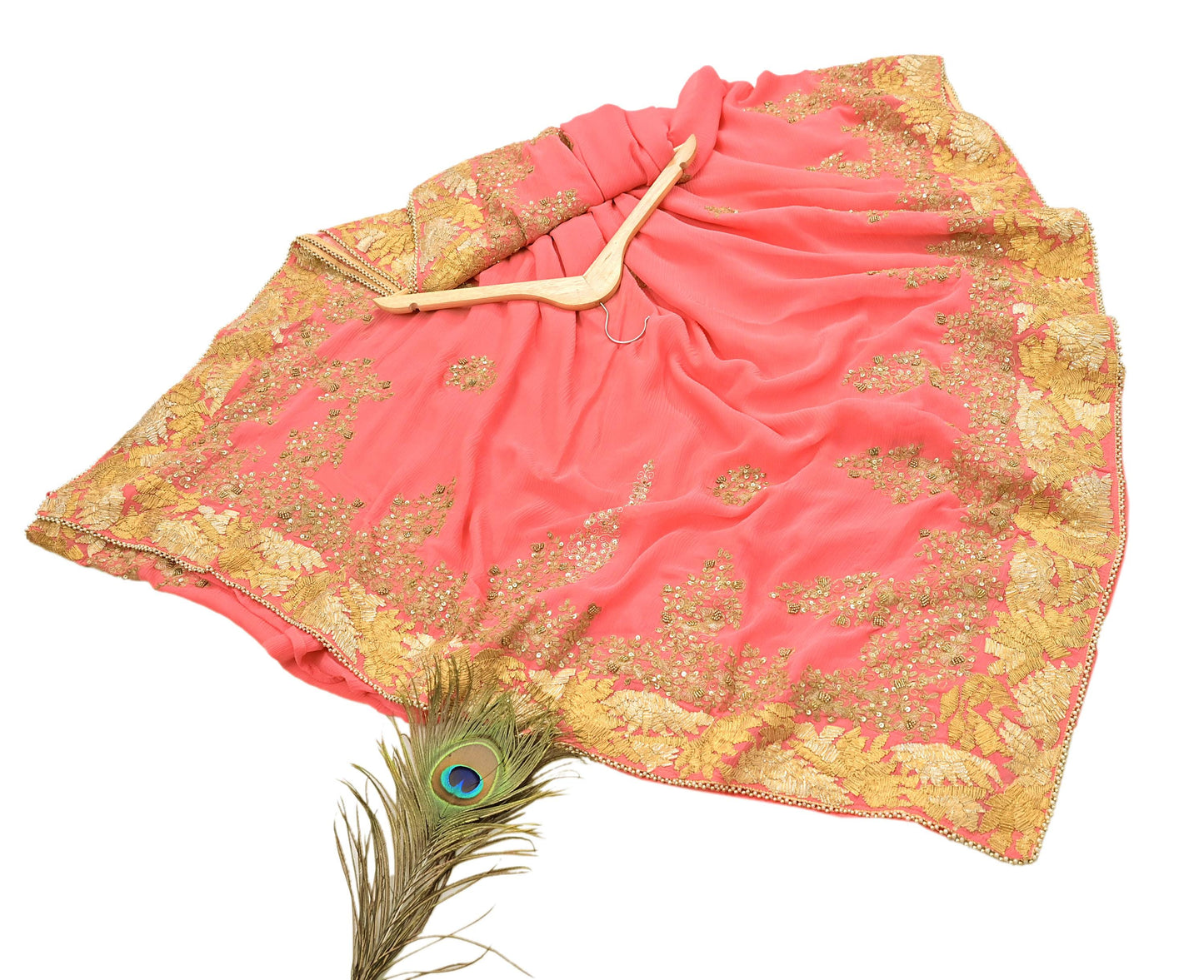 Indian Vintage Peach Saree Pure Chiffon Silk Pre-owned Hand Beaded Abu jani Designer Sari Fabric 5-Yards Soft Ethnic Bollywood Party sarees