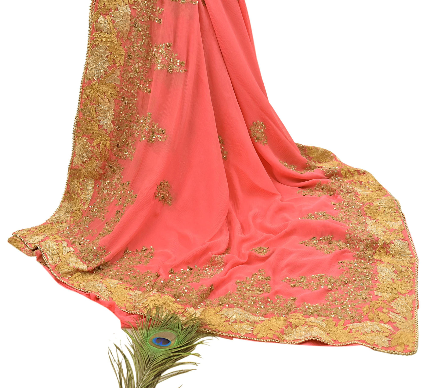 Indian Vintage Peach Saree Pure Chiffon Silk Pre-owned Hand Beaded Abu jani Designer Sari Fabric 5-Yards Soft Ethnic Bollywood Party sarees