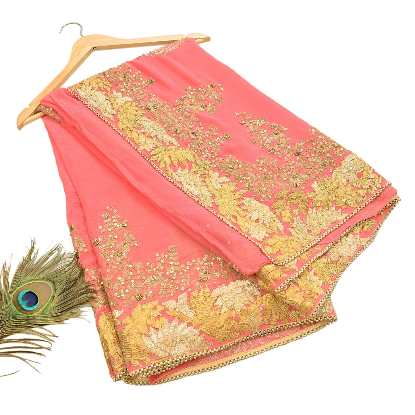 Indian Vintage Peach Saree Pure Chiffon Silk Pre-owned Hand Beaded Abu jani Designer Sari Fabric 5-Yards Soft Ethnic Bollywood Party sarees