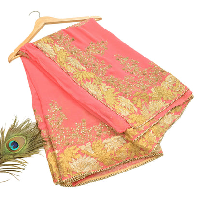 Indian Vintage Peach Saree Pure Chiffon Silk Pre-owned Hand Beaded Abu jani Designer Sari Fabric 5-Yards Soft Ethnic Bollywood Party sarees