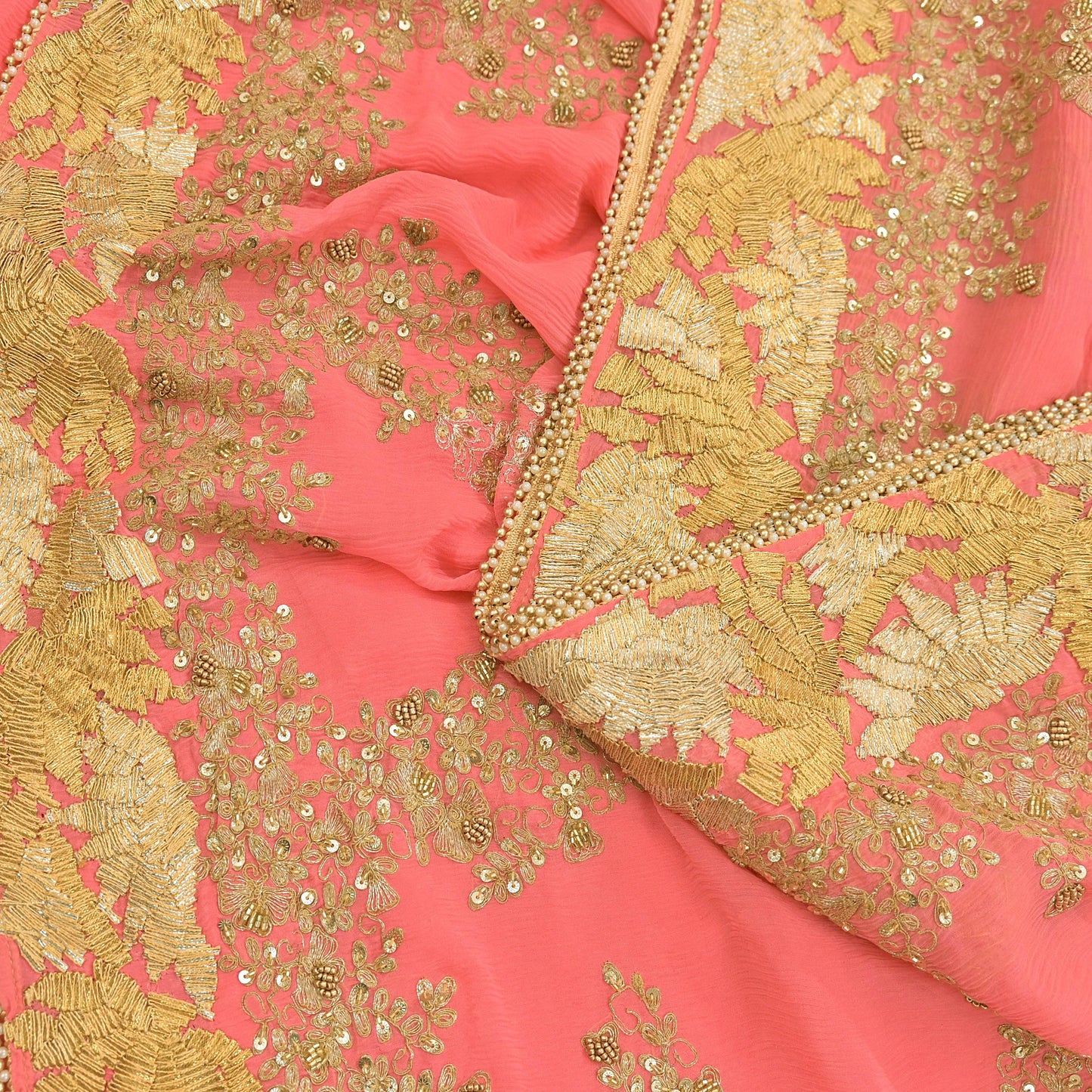 Indian Vintage Peach Saree Pure Chiffon Silk Pre-owned Hand Beaded Abu jani Designer Sari Fabric 5-Yards Soft Ethnic Bollywood Party sarees