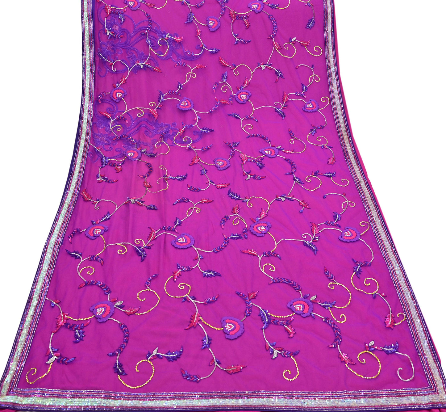 Indian Vintage Sari Pink & Purple Net/Pure Georgette Silk Hand Embroidered Anamika Khanna Designer Sarees Ethnic 6Yd with Blouse Fabric