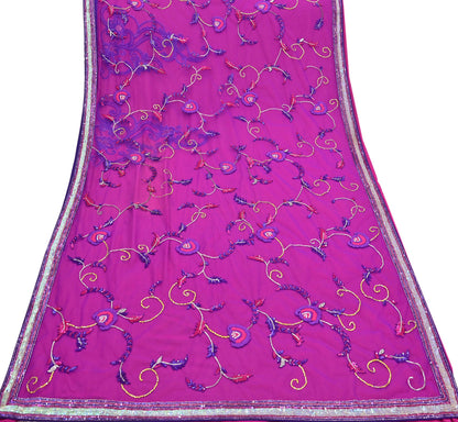 Indian Vintage Sari Pink & Purple Net/Pure Georgette Silk Hand Embroidered Anamika Khanna Designer Sarees Ethnic 6Yd with Blouse Fabric
