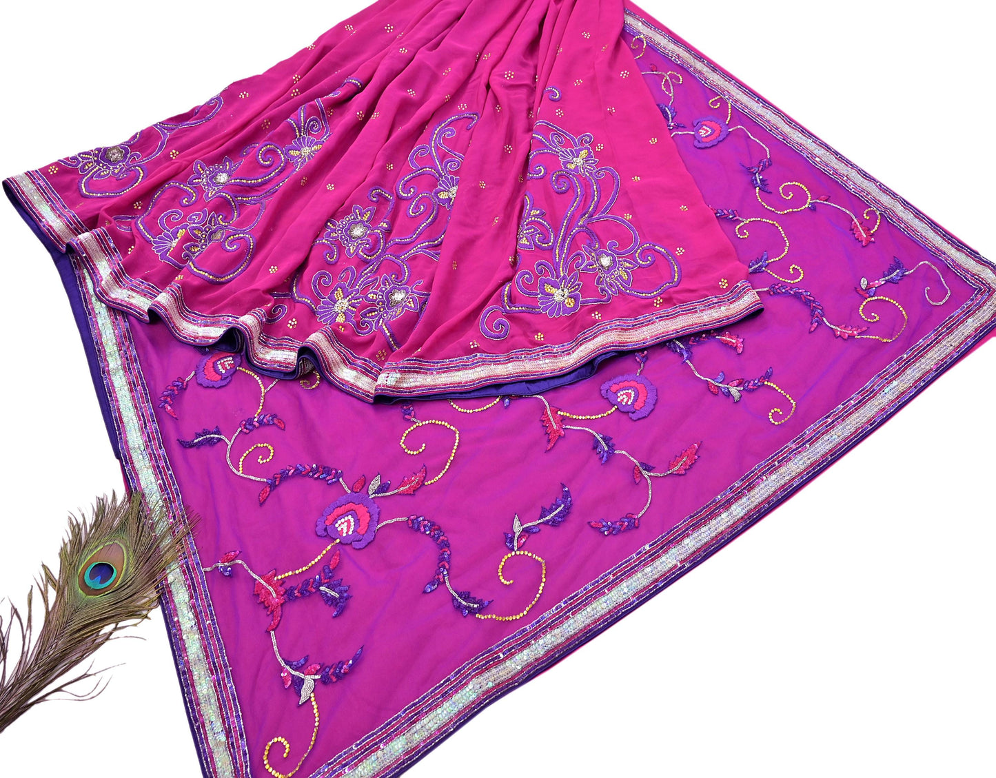 Indian Vintage Sari Pink & Purple Net/Pure Georgette Silk Hand Embroidered Anamika Khanna Designer Sarees Ethnic 6Yd with Blouse Fabric