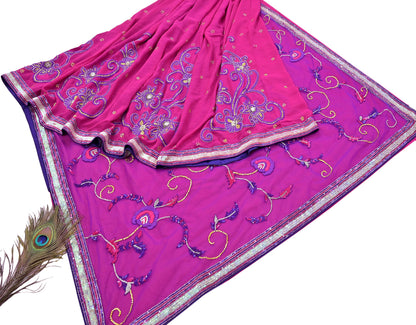 Indian Vintage Sari Pink & Purple Net/Pure Georgette Silk Hand Embroidered Anamika Khanna Designer Sarees Ethnic 6Yd with Blouse Fabric