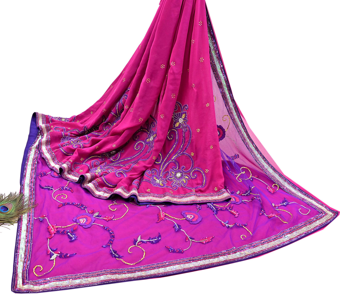 Indian Vintage Sari Pink & Purple Net/Pure Georgette Silk Hand Embroidered Anamika Khanna Designer Sarees Ethnic 6Yd with Blouse Fabric