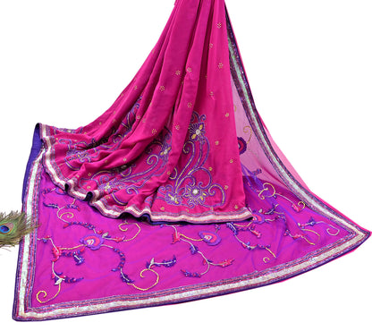 Indian Vintage Sari Pink & Purple Net/Pure Georgette Silk Hand Embroidered Anamika Khanna Designer Sarees Ethnic 6Yd with Blouse Fabric