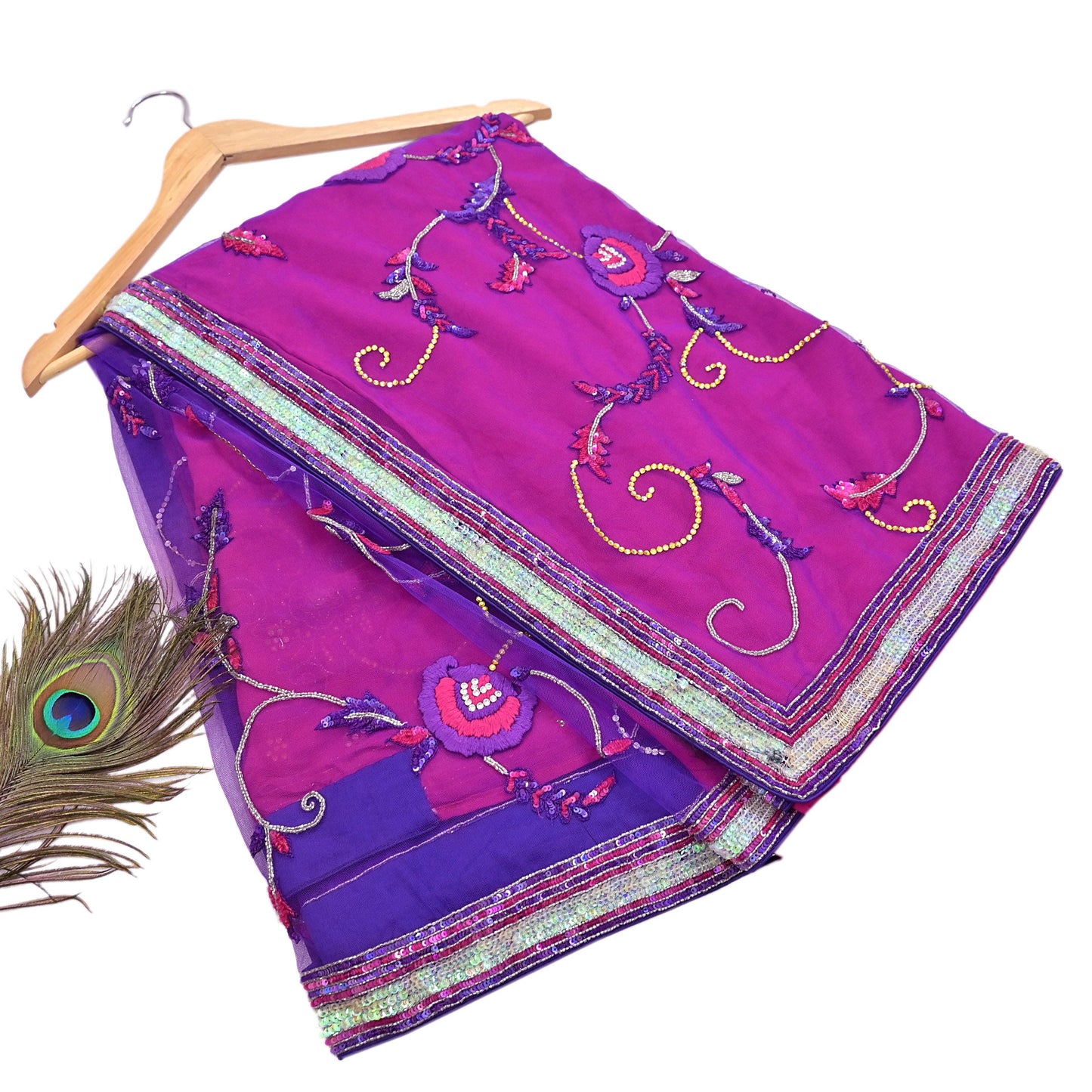 Indian Vintage Sari Pink & Purple Net/Pure Georgette Silk Hand Embroidered Anamika Khanna Designer Sarees Ethnic 6Yd with Blouse Fabric