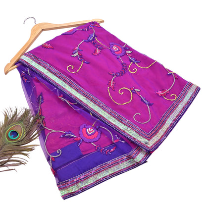Indian Vintage Sari Pink & Purple Net/Pure Georgette Silk Hand Embroidered Anamika Khanna Designer Sarees Ethnic 6Yd with Blouse Fabric