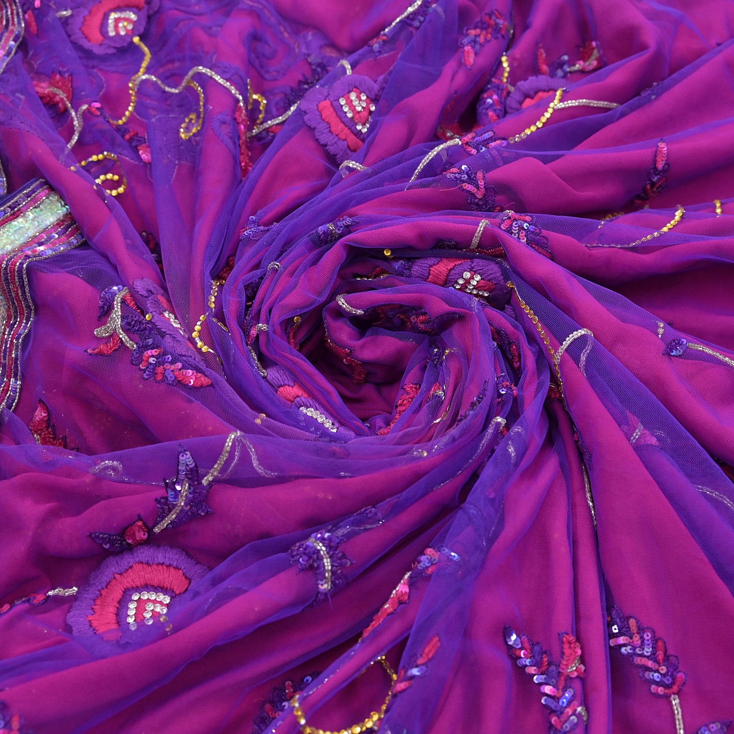 Indian Vintage Sari Pink & Purple Net/Pure Georgette Silk Hand Embroidered Anamika Khanna Designer Sarees Ethnic 6Yd with Blouse Fabric
