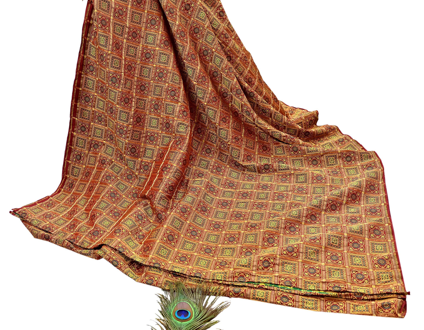 Indian Vintage Sari Maroon Heavy Wedding Pure Silk Hand Woven Gharchola Bandhani Sarees Zari 5Yd Craft Fabric Dress Making Crafting