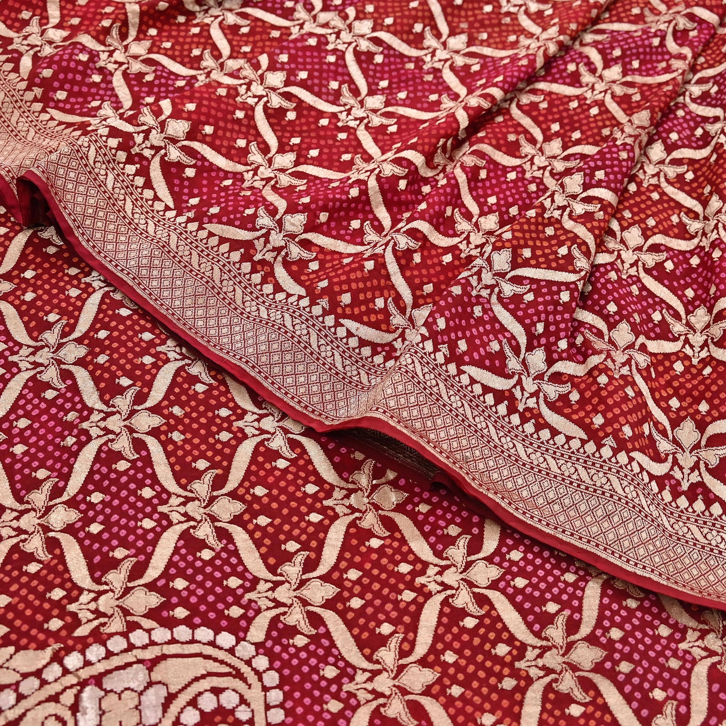 Indian Pre-Owned Sari Maroon Pure silk Hand Woven Bandhani Sarees Ethnic Zari Wedding Saree