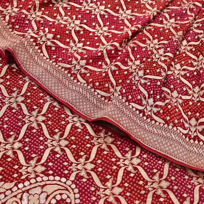 Indian Pre-Owned Sari Maroon Pure silk Hand Woven Bandhani Sarees Ethnic Zari Wedding Saree