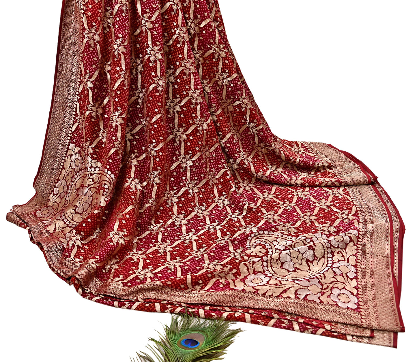 Indian Pre-Owned Sari Maroon Pure silk Hand Woven Bandhani Sarees Ethnic Zari Wedding Saree
