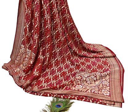 Indian Pre-Owned Sari Maroon Pure silk Hand Woven Bandhani Sarees Ethnic Zari Wedding Saree