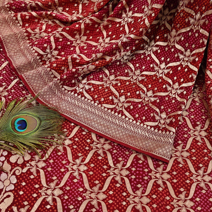 Indian Pre-Owned Sari Maroon Pure silk Hand Woven Bandhani Sarees Ethnic Zari Wedding Saree