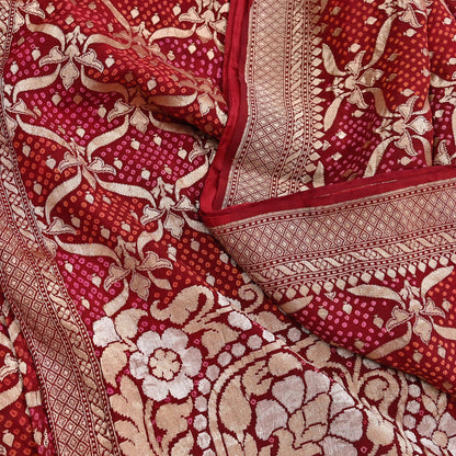 Indian Pre-Owned Sari Maroon Pure silk Hand Woven Bandhani Sarees Ethnic Zari Wedding Saree