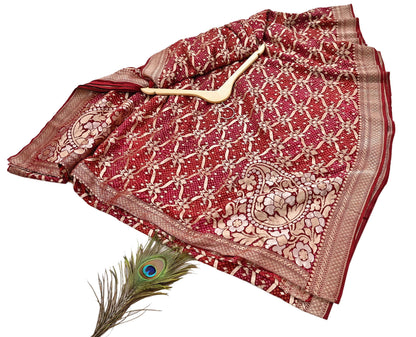 Indian Pre-Owned Sari Maroon Pure silk Hand Woven Bandhani Sarees Ethnic Zari Wedding Saree