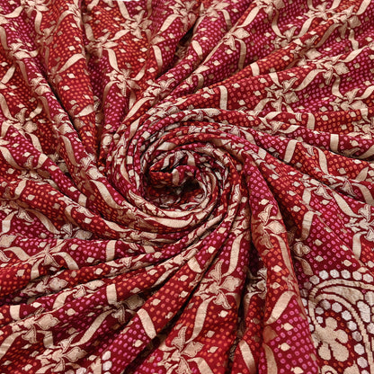 Indian Pre-Owned Sari Maroon Pure silk Hand Woven Bandhani Sarees Ethnic Zari Wedding Saree