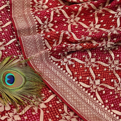 Indian Pre-Owned Sari Maroon Pure silk Hand Woven Bandhani Sarees Ethnic Zari Wedding Saree