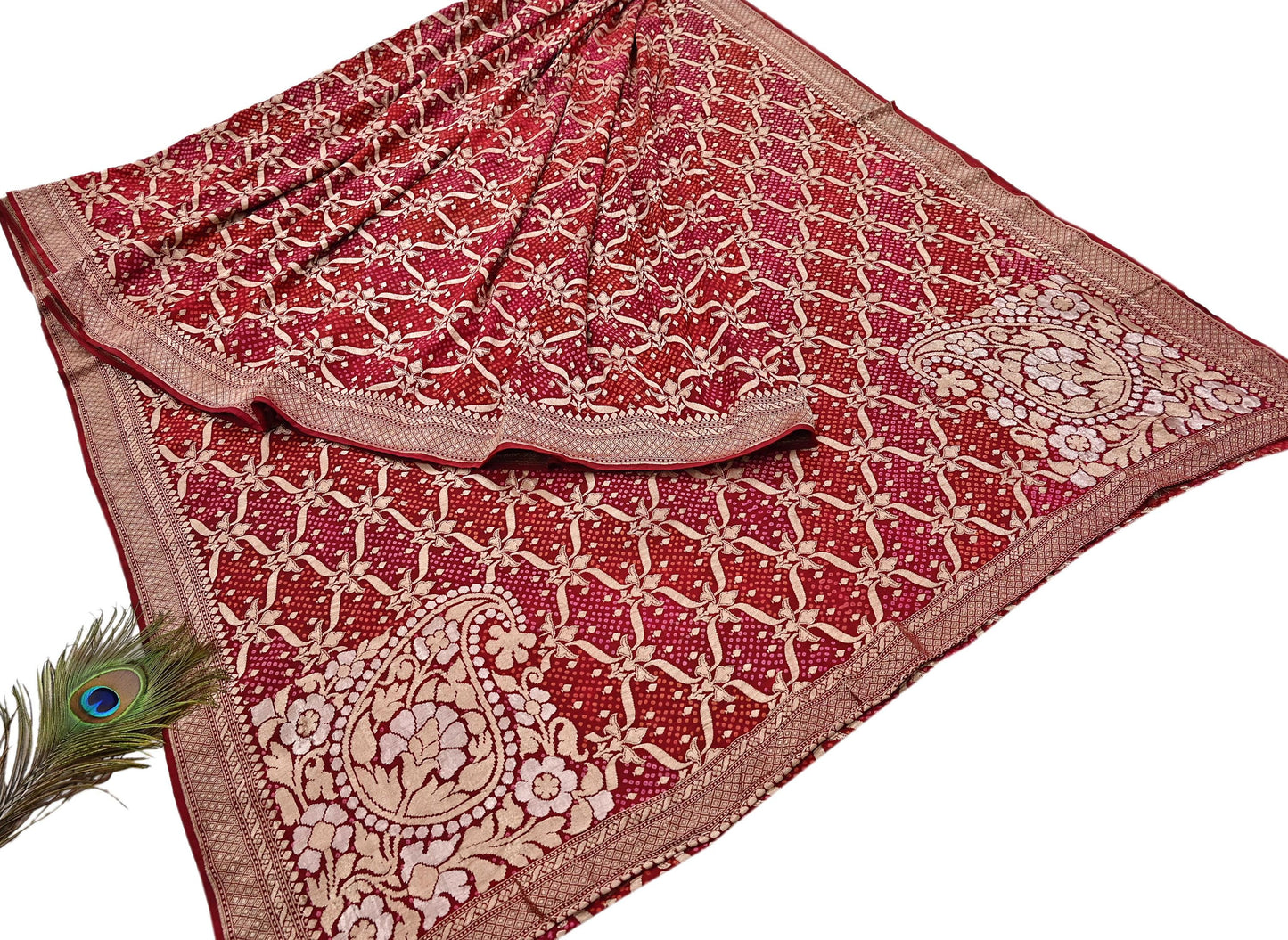Indian Pre-Owned Sari Maroon Pure silk Hand Woven Bandhani Sarees Ethnic Zari Wedding Saree