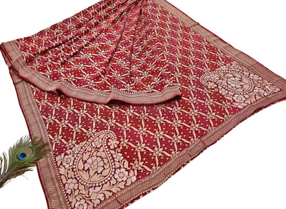 Indian Pre-Owned Sari Maroon Pure silk Hand Woven Bandhani Sarees Ethnic Zari Wedding Saree