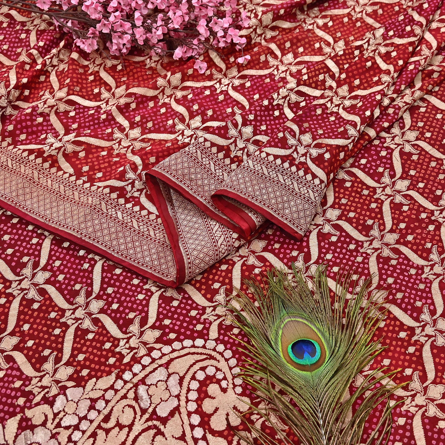 Indian Pre-Owned Sari Maroon Pure silk Hand Woven Bandhani Sarees Ethnic Zari Wedding Saree