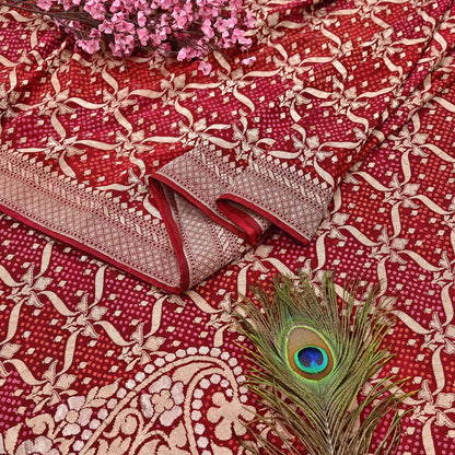 Indian Pre-Owned Sari Maroon Pure silk Hand Woven Bandhani Sarees Ethnic Zari Wedding Saree