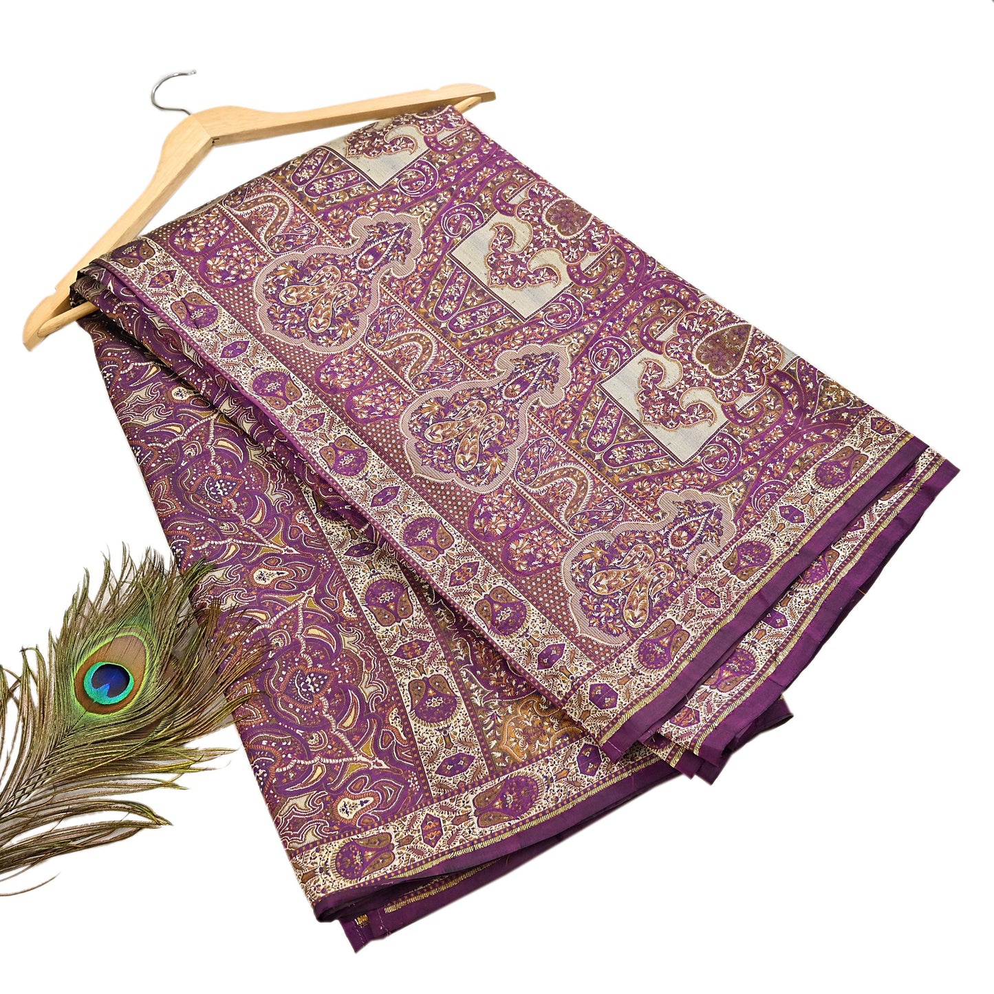 Vintage Heavy Purple Sarees Pure Silk Hand Woven Jamawar Sari Craft Fabric 5Yd Sewing Soft Ethnic Zari Dress Making Wedding Sari