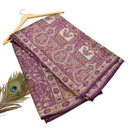 Vintage Heavy Purple Sarees Pure Silk Hand Woven Jamawar Sari Craft Fabric 5Yd Sewing Soft Ethnic Zari Dress Making Wedding Sari