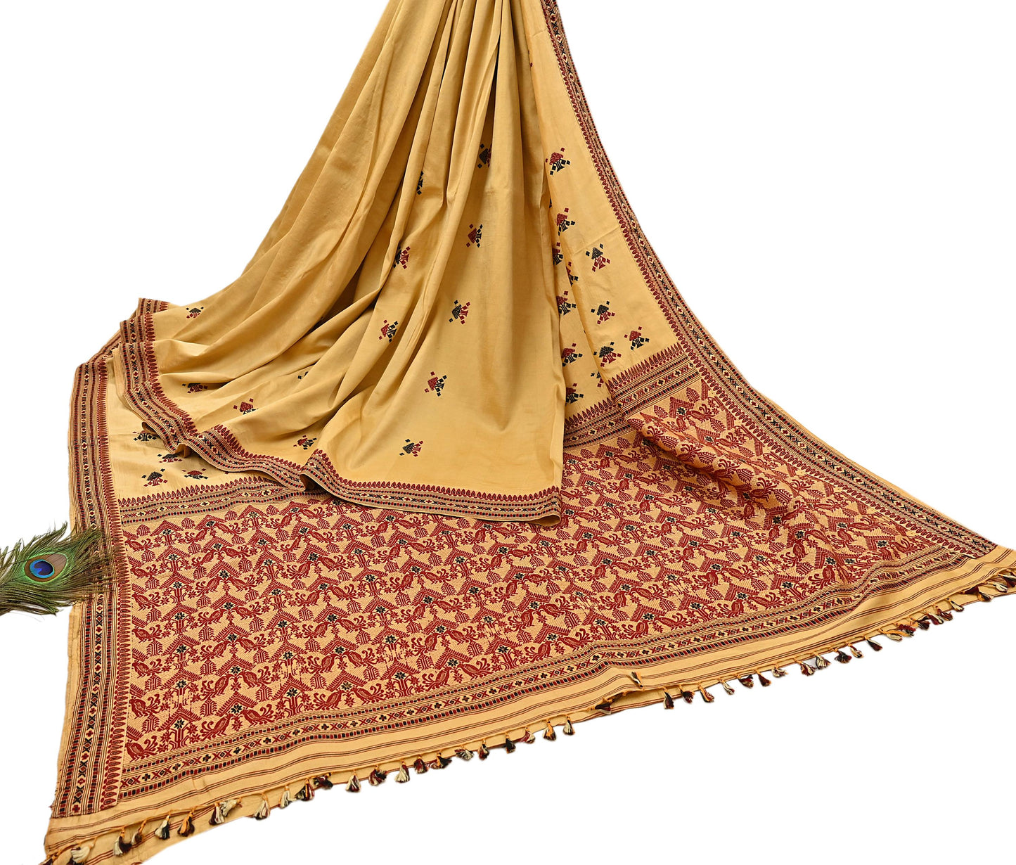 Vintage Yellow Pure Silk Saree Handwoven Asam Sari with Floral Design Antique Indian Wedding Saree 6yd Fabric Fringes