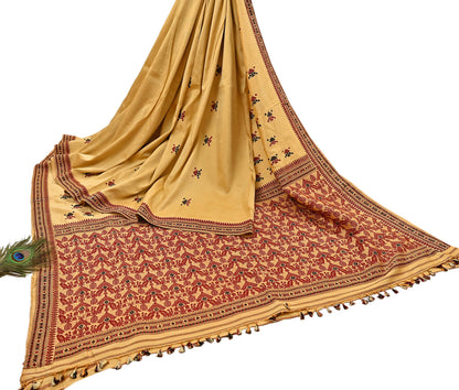 Vintage Yellow Pure Silk Saree Handwoven Asam Sari with Floral Design Antique Indian Wedding Saree 6yd Fabric Fringes
