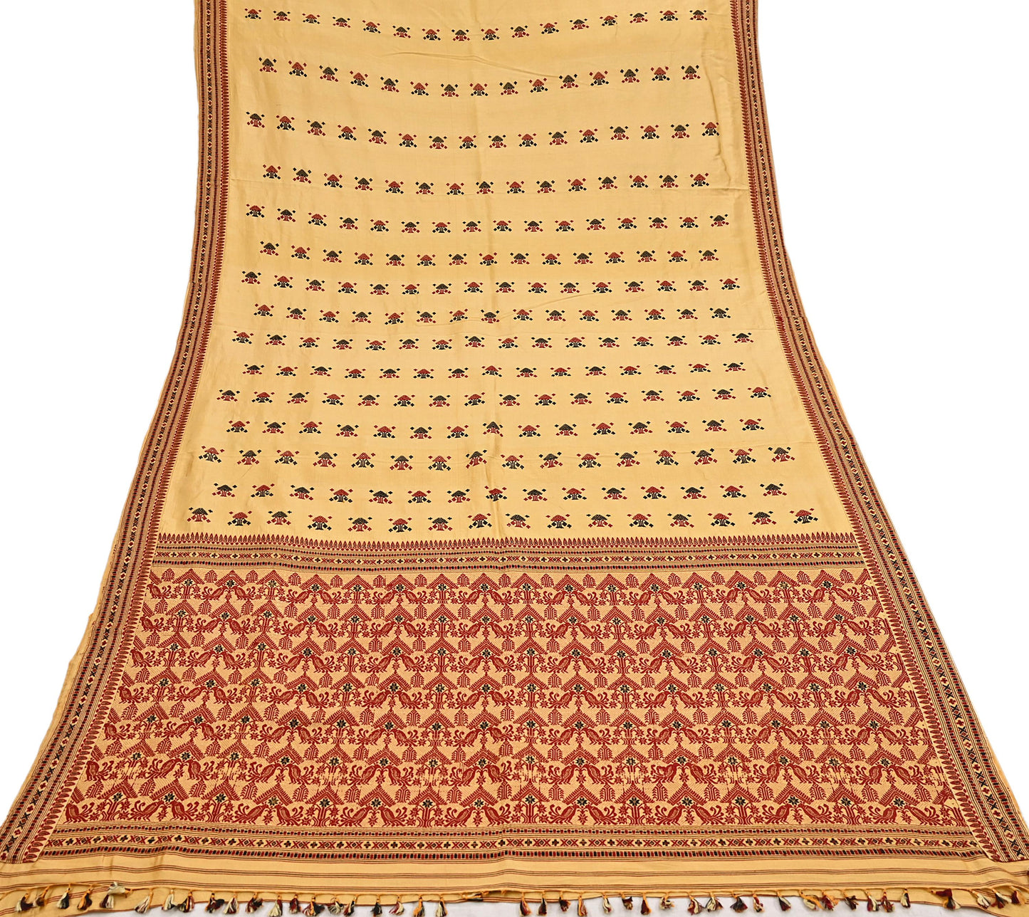 Vintage Yellow Pure Silk Saree Handwoven Asam Sari with Floral Design Antique Indian Wedding Saree 6yd Fabric Fringes
