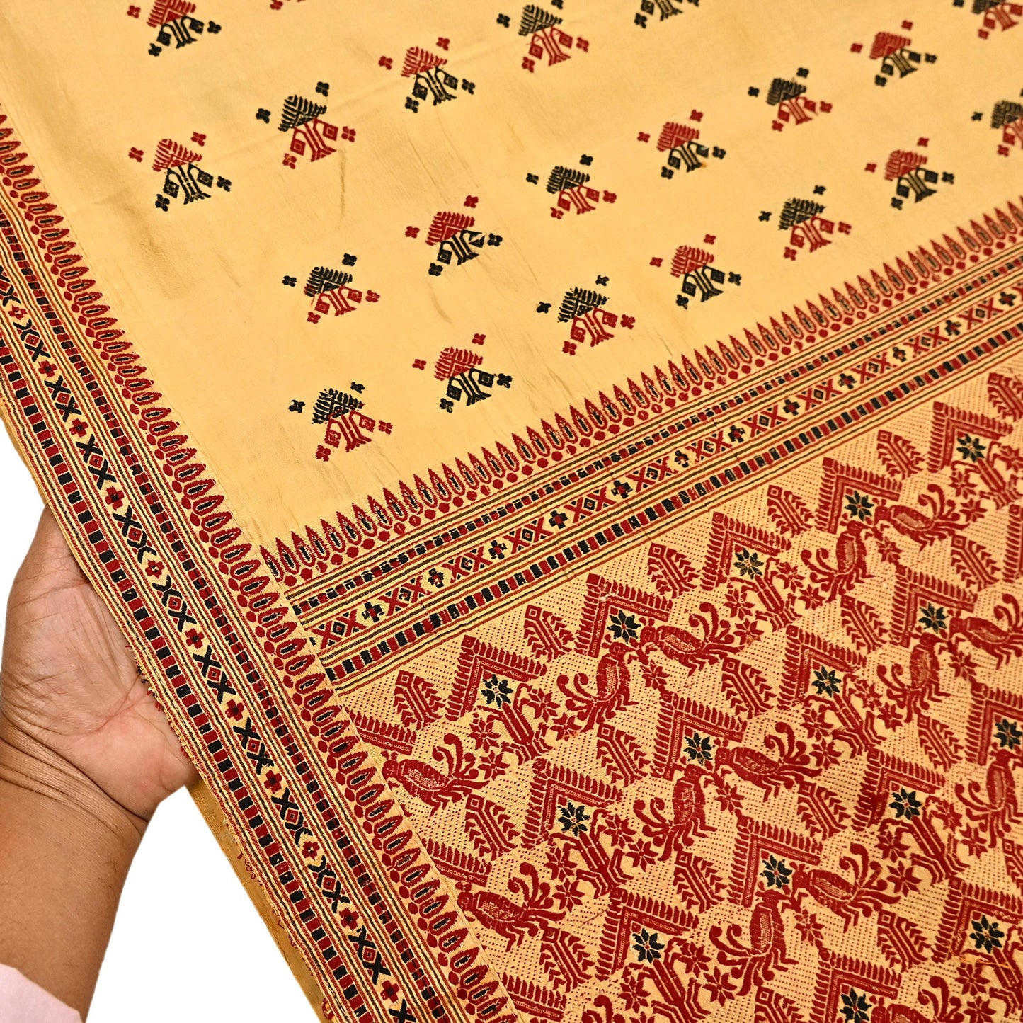 Vintage Yellow Pure Silk Saree Handwoven Asam Sari with Floral Design Antique Indian Wedding Saree 6yd Fabric Fringes