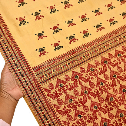 Vintage Yellow Pure Silk Saree Handwoven Asam Sari with Floral Design Antique Indian Wedding Saree 6yd Fabric Fringes