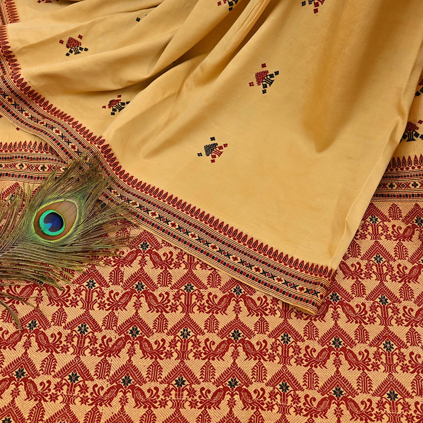 Vintage Yellow Pure Silk Saree Handwoven Asam Sari with Floral Design Antique Indian Wedding Saree 6yd Fabric Fringes