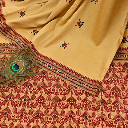 Vintage Yellow Pure Silk Saree Handwoven Asam Sari with Floral Design Antique Indian Wedding Saree 6yd Fabric Fringes