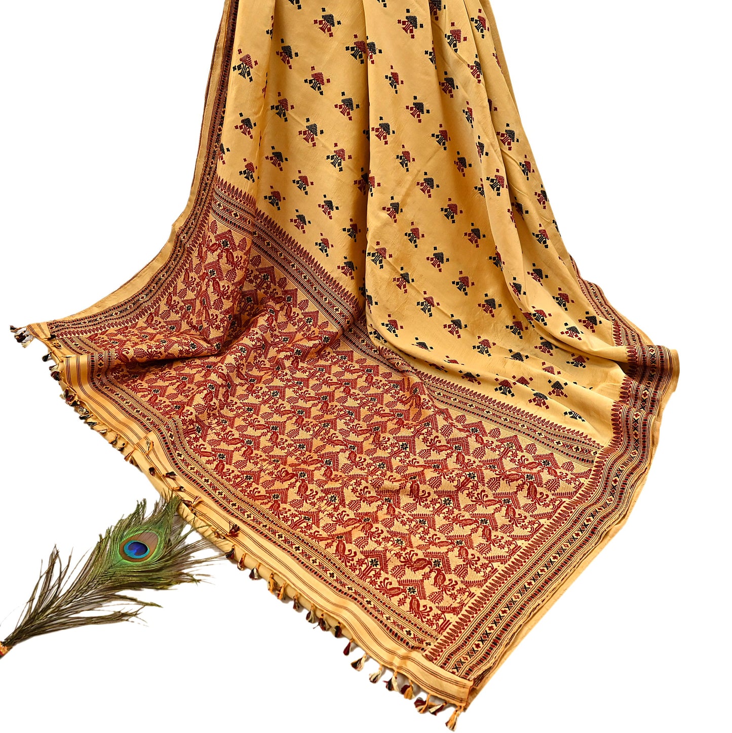 Vintage Yellow Pure Silk Saree Handwoven Asam Sari with Floral Design Antique Indian Wedding Saree 6yd Fabric Fringes