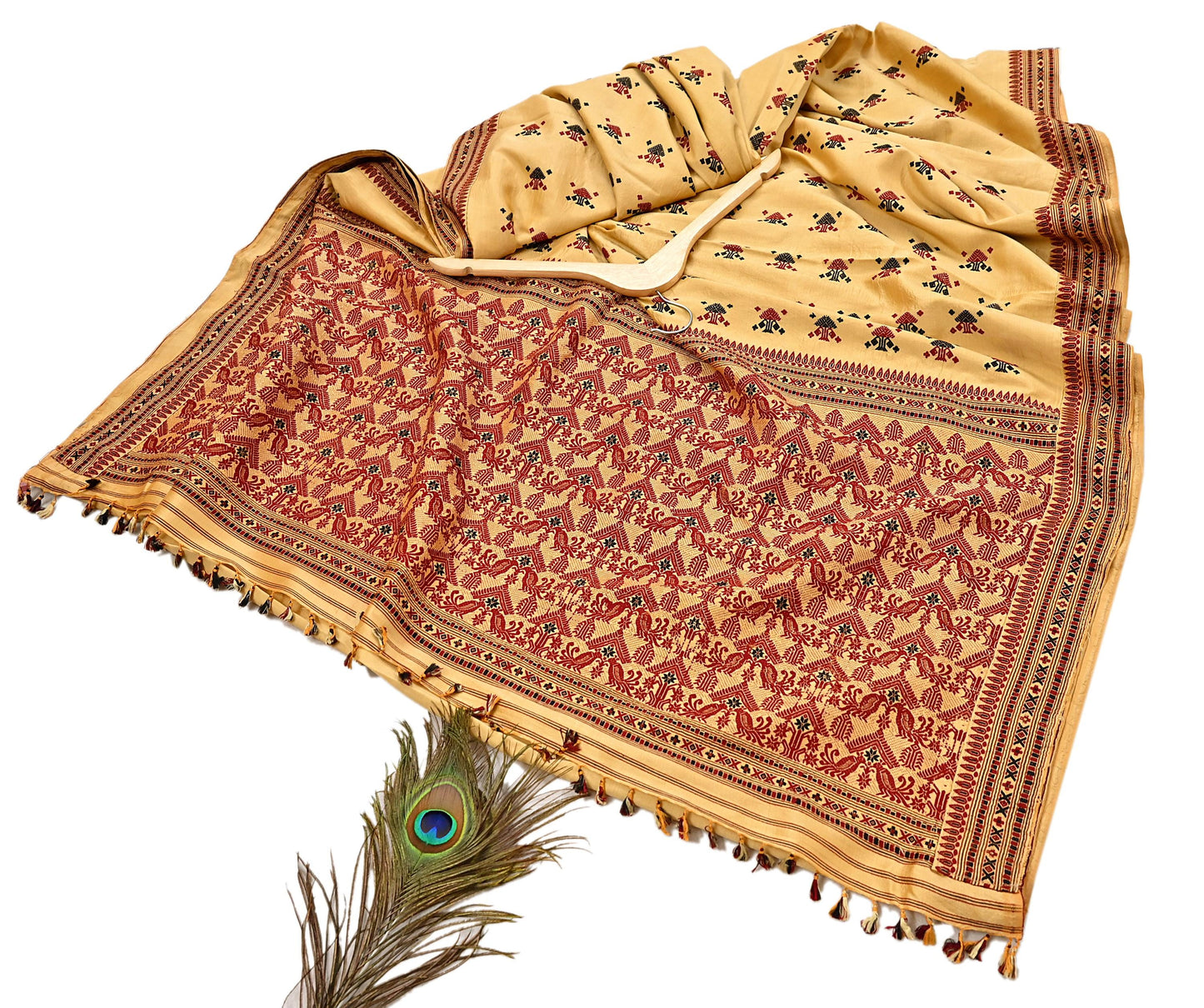 Vintage Yellow Pure Silk Saree Handwoven Asam Sari with Floral Design Antique Indian Wedding Saree 6yd Fabric Fringes